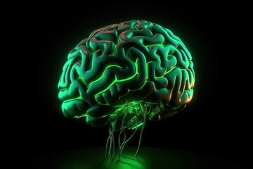 Brain illustration, green neon light, black background, creativity concept. Generative AI