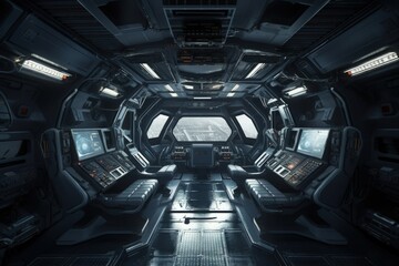 Illustration of the interior of a futuristic and technological spaceship. Generative AI