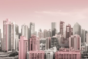 City skyline background in pink, beige, and gray with skyscrapers and buildings forming the city line or center. Generative AI