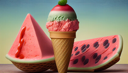 Illustration of watermelon ice cream with watermelon slices in a waffle cone. The concept of natural sweets. A popular summer refreshing treat. Generated by artificial intelligence