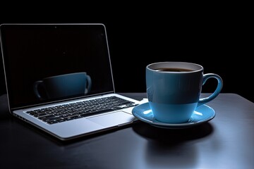 Fototapeta na wymiar Illustration of laptop and cup of coffee, technology and business concept, blue background. Generative AI