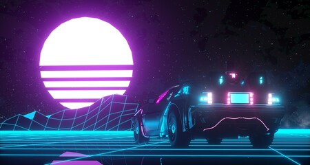 3D render of a Retro futuristic car against night starry sky with violet striped sun on a blue grid neon surface. Cyberpunk concept. Synthwave poster. Retro future wallpaper.