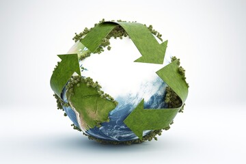 Earth planet illustration and recycling symbol, sustainability concept, white background. Generative AI