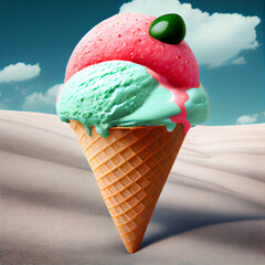 Illustration of watermelon ice cream with watermelon slices in a waffle cone. The concept of natural sweets. A popular summer refreshing treat. Generated by artificial intelligence