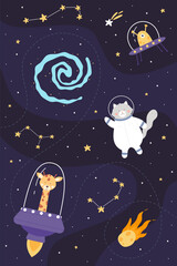 Space adventure of astronaut animals vertical vector illustration. Cartoon childish art design with cute explorers in helmet and spacesuit flying in galaxy with rocket planets, stars in constellation