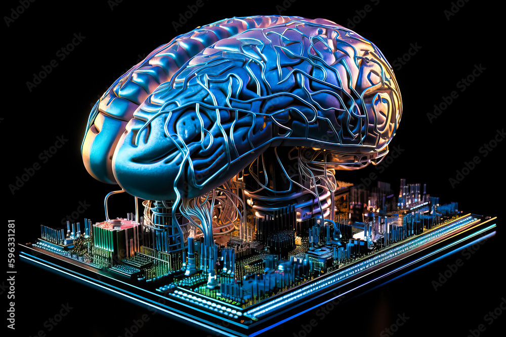 Poster ai chipset with human brain on computer circuit board. artificial intelligence, data mining, and dee