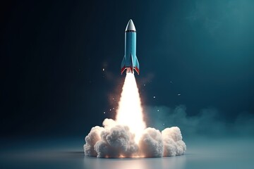 Fototapeta na wymiar Digital illustration of rocket taking off releasing smoke on blue background. Generative AI