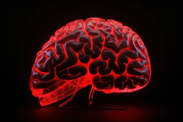 Brain illustration, red neon light, black background, creativity concept. Generative AI