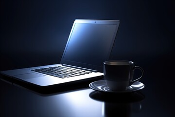 Fototapeta premium Illustration of laptop and cup of coffee, technology and business concept, blue background. Generative AI