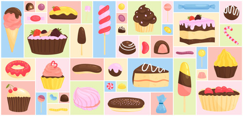 Cartoon confectionery and bakery menu collection with delicious cake muffin cupcake jelly candy donut lollipop eclair ice cream in geometric collage background. Sweet desserts set vector illustration