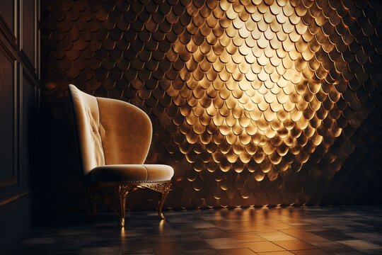 Luxurious 3D rendered gold fish scale wall with polished blocks and tiles wallpaper. Generative AI