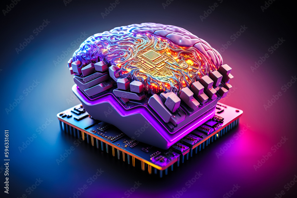 Poster ai chipset with human brain on computer circuit board. artificial intelligence, data mining, and dee