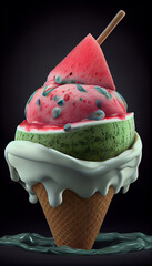 Illustration of watermelon ice cream with watermelon slices in a waffle cone. The concept of natural sweets. A popular summer refreshing treat. Generated by artificial intelligence