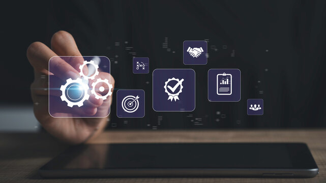 Operation management Business process control optimisation industrial technology and workflow concept. High performance, Problem solving, quality control. Hand touch gears icons ..