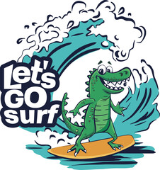 Crocodile surfer cool summer t-shirt print. African animal ride surfboard on wave. Slogan. Dinosaur beach funny child wear illustration. Tropical sea surf sport kids typography fashion