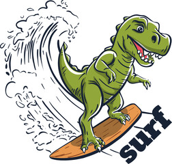 Dinosaur surfer cool summer t-shirt print. Dino ride surfboard on big wave. Slogan. T-rex beach funny child wear illustration. Tropical sea surf sport kids typography fashion