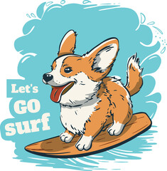 Corgi surfer cool summer t-shirt print. Dog ride surfboard on big wave. Slogan. Beach funny child wear illustration. Pet tropical sea surf sport kids typography fashion