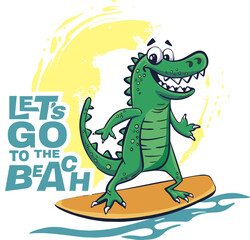 Crocodile surfer cool summer t-shirt print. African animal ride surfboard on wave. Slogan. Dinosaur beach funny child wear illustration. Tropical sea surf sport kids typography fashion