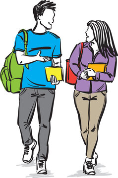 couple of students college young teenagers with books walking together vector illustration