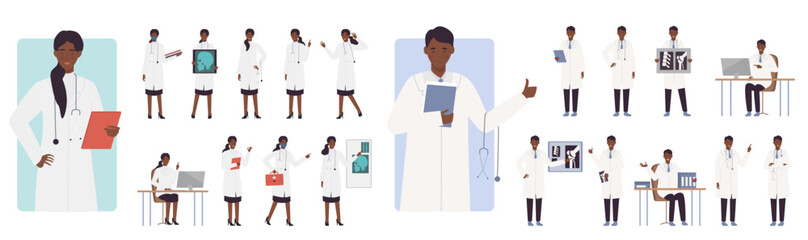 Cartoon isolated dark skin man woman wearing medical robes holding stethoscopes, examine x-ray patient lungs and stomach, carrying a first aid box. Doctors activity poses set flat vector illustration