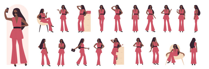 Fototapeta na wymiar Cartoon young dark skin woman fashionista character wearing fashionable clothes, posing standing in various positions front side, back view isolated on white. Fashion girl model poses illustration set