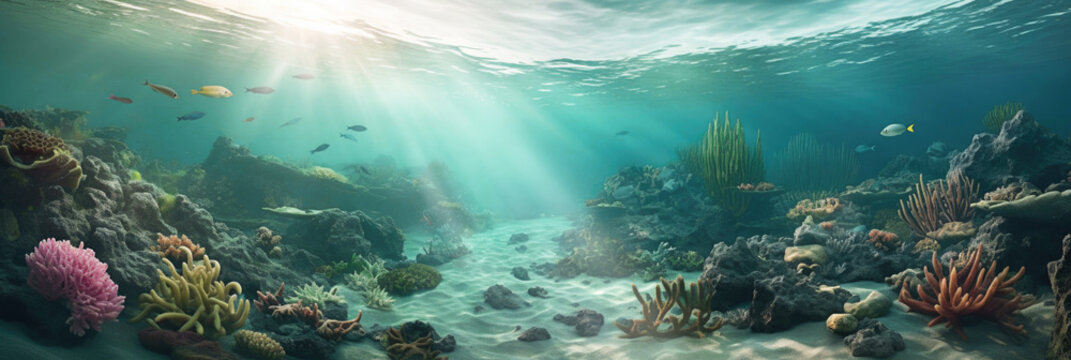 Querschnitt durch tropische Unterwasserwelt mit Sonnenstrahlen als Panorama, Generative AI