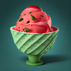 Illustration of watermelon ice cream with watermelon slices in a waffle cone. The concept of natural sweets. A popular summer refreshing treat. Generated by artificial intelligence