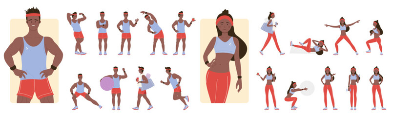 Cartoon isolated dark skin male female blonde characters standing and training muscles with dumbbells, professional instructors doing sport workout. Poses of sports trainers set vector illustration.