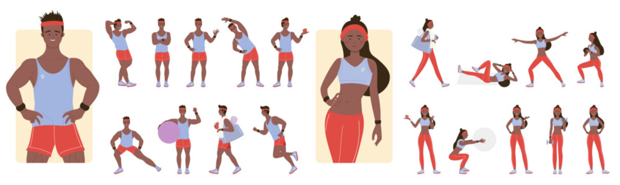 Cartoon isolated dark skin male female blonde characters standing and training muscles with dumbbells, professional instructors doing sport workout. Poses of sports trainers set vector illustration.