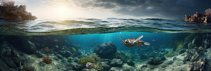 Fototapeta na wymiar Querschnitt durch tropische Unterwasserwelt mit Meeresschildkröte und Korallen als Panorama, Generative AI