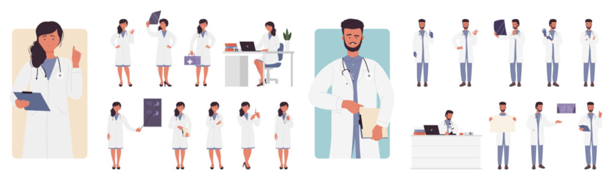 Doctors pose set vector illustration. Cartoon isolated female and male characters with stethoscope and medical robes, woman and man research patients xray of lungs and stomach, holding first aid box