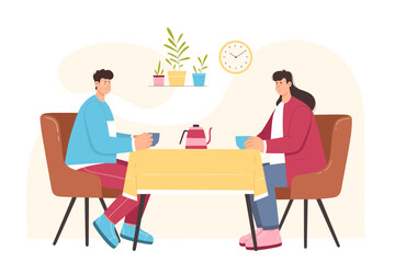 Couple talk and drink tea or coffee on date in cozy cafe vector illustration. Cartoon man and woman sitting on chairs at table of cafeteria, meeting and dialog conversation of young friends or lovers