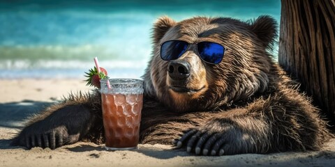 grizzly is on summer vacation at seaside resort and relaxing on summer beach - obrazy, fototapety, plakaty