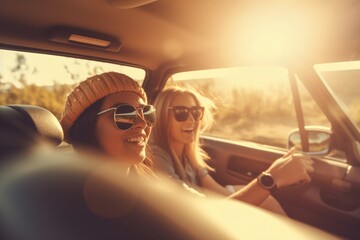 Young people Traveling on a road trip with sun reflection