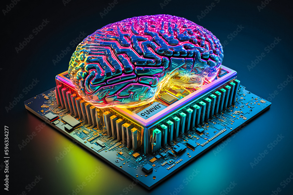 Poster ai chipset with human brain on computer circuit board. artificial intelligence, data mining, and dee