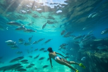 Kids looking at a school of fish on the turquoise water