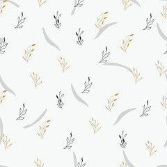 A seamless pattern with gold and black leaves on a white background.