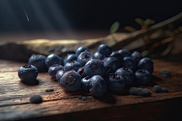 Rotten blueberries on a wooden table. Dim studio light. Generate AI.