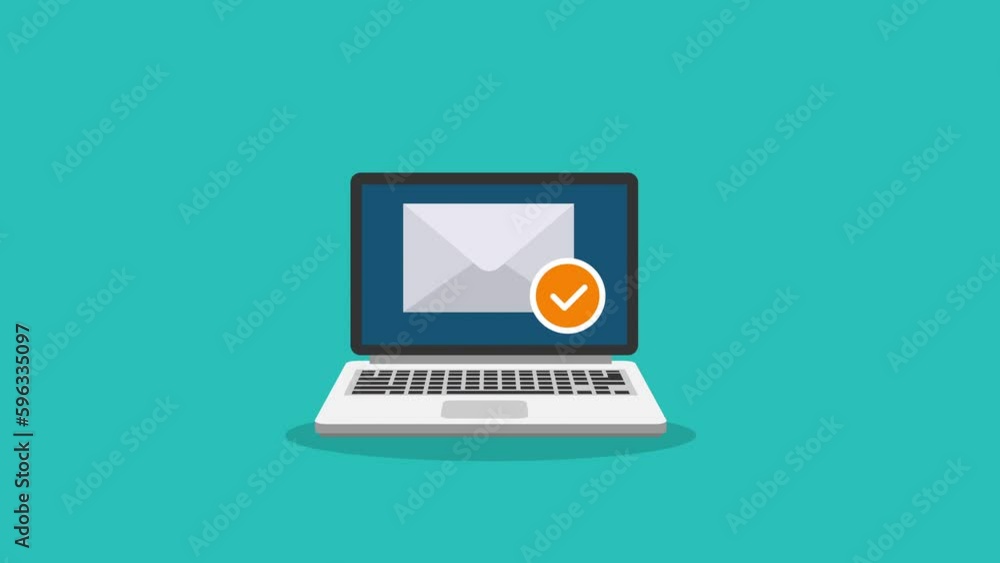 Fototapete email animation with orange check mark icon.laptop computer pc flat design.notebook monitor conceptu
