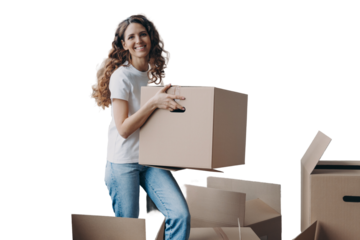 Excited girl carrying carton box with things for relocation to new home apartment. Mortgage, moving