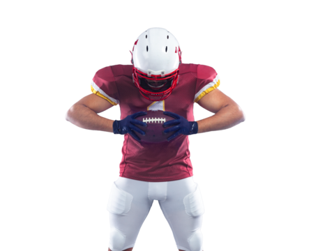 Horisontal banner for website header. Visual with American football player banner on black background. Template for a sports marketing with copy space. Mockup for betting advertisement.