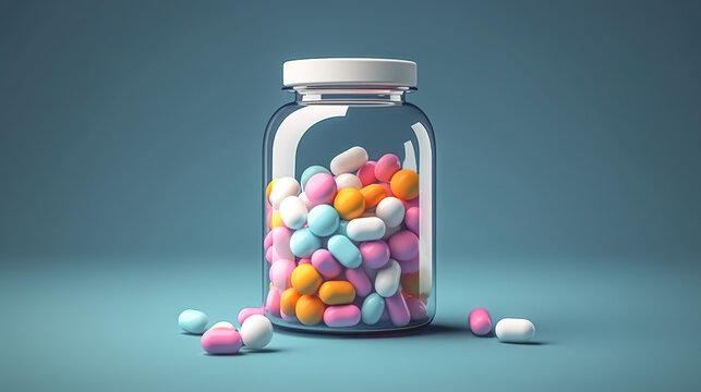 Multicolored capsules in a jar, generative AI.