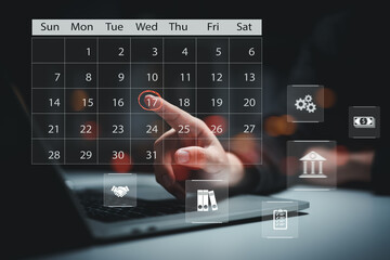 Calender Planner Organization Management Remind Concept,Person using calendar on computer to improve time management, plan appointments, events, tasks and meetings efficiently, improve productivity.