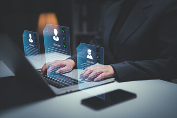 Human Resources HR management Recruitment Employment Headhunting Concept , Human Resources uses computers to search and select job applicantsThe process of selecting people to join the work of the HR.
