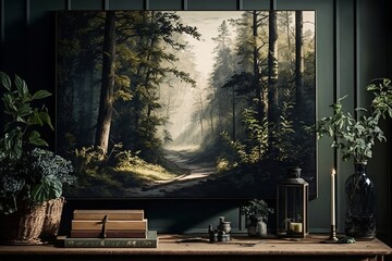 Forest painting on wall, interior design.