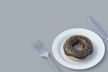 Donut on plate near fork and knife. Fast food concept. Food delivery. Unhealthy snack. Copy space. 3d render
