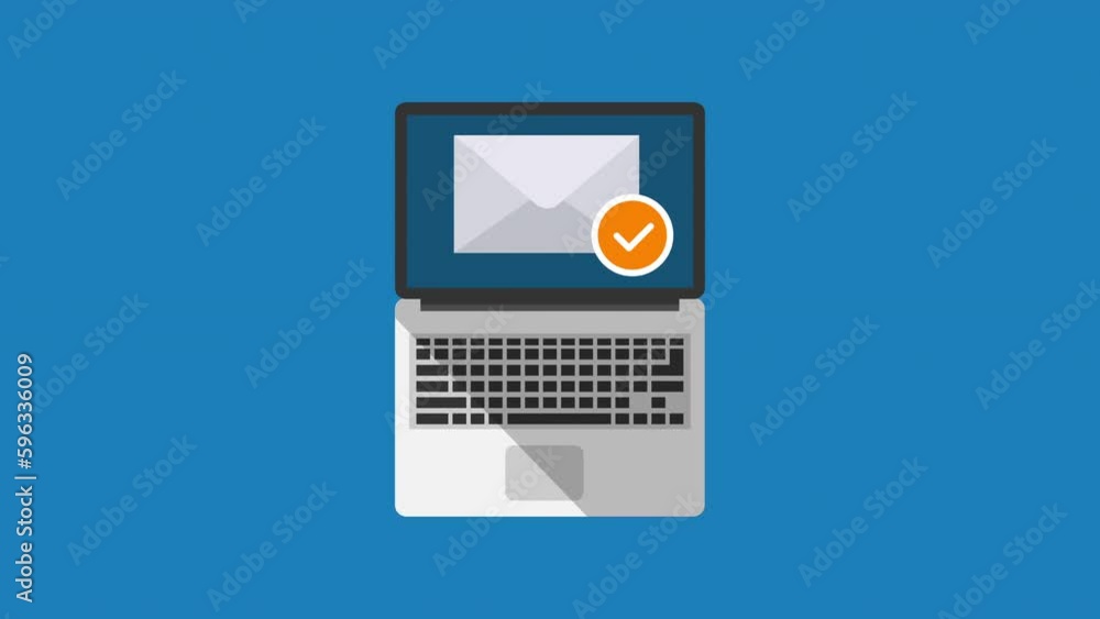 Poster email animation with orange check mark icon.opened laptop in top view flat design.blue background