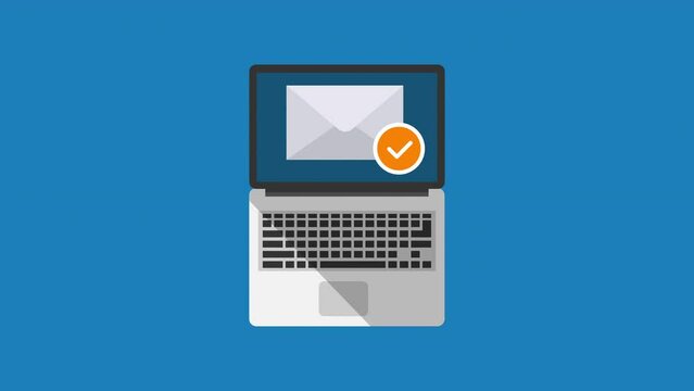 email animation with orange check mark icon.Opened laptop in top view flat design.blue background