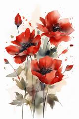 Red moon flowers painted with watercolors or watercolor - Generative AI