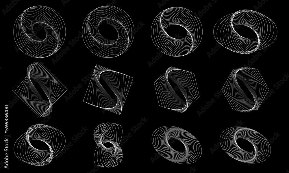 Poster set of abstract white design elements. geometric shapes on a black background. circle in a spiral wi
